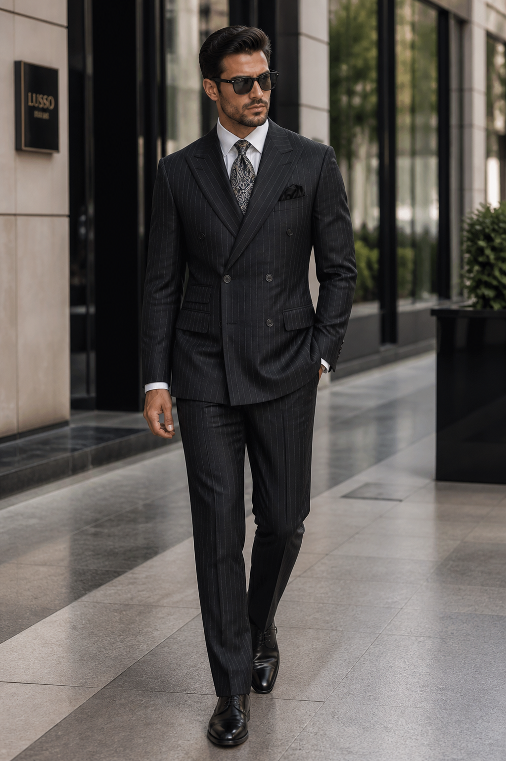 Double Breasted Suits - Vested Suits Wool Fabric - Apolo King Brand - Gray Stripe Suit