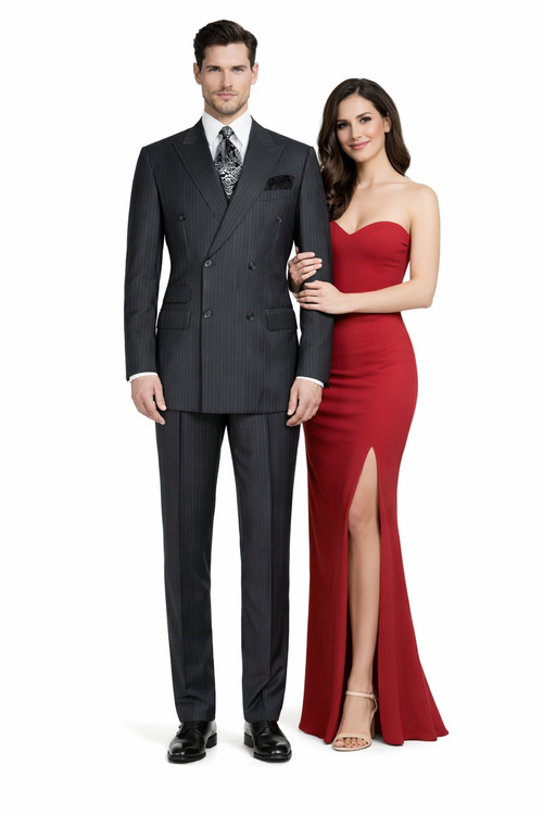 Double Breasted Suits - Vested Suits Wool Fabric - Apolo King Brand - Gray Stripe Suit