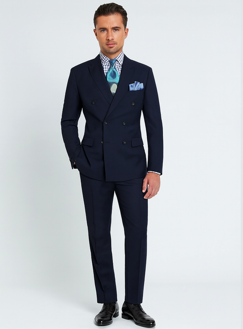 Double Breasted Suits - Vested Suits Wool Fabric - Apolo King Brand - Navy Suit