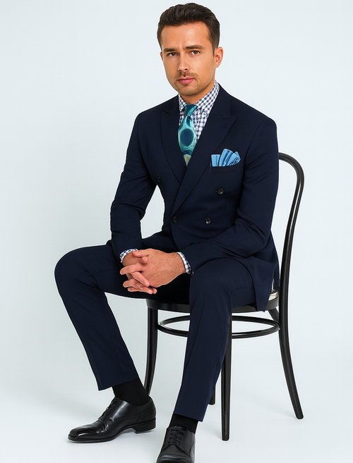 Double Breasted Suits - Vested Suits Wool Fabric - Apolo King Brand - Navy Suit