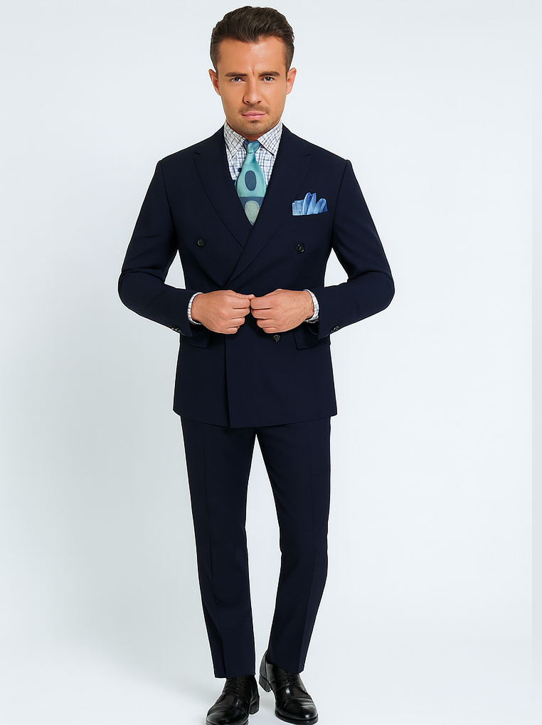 Double Breasted Suits - Vested Suits Wool Fabric - Apolo King Brand - Navy Suit