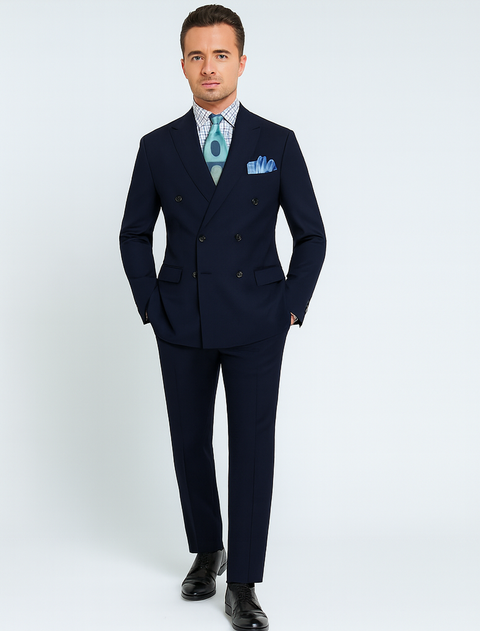 Double Breasted Suits - Vested Suits Wool Fabric - Apolo King Brand - Navy Suit