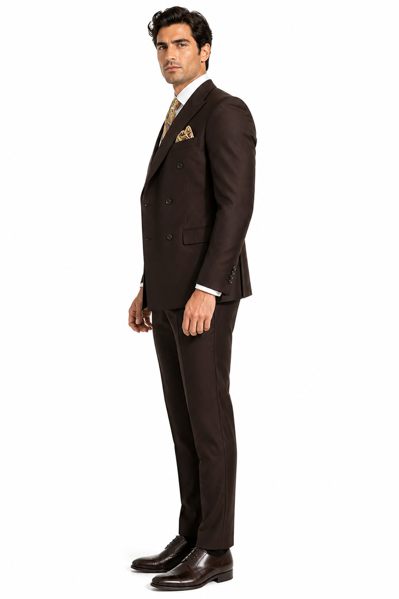 Double Breasted Suits - Vested Suits Wool Fabric - Apolo King Brand - Solid Brown Suit