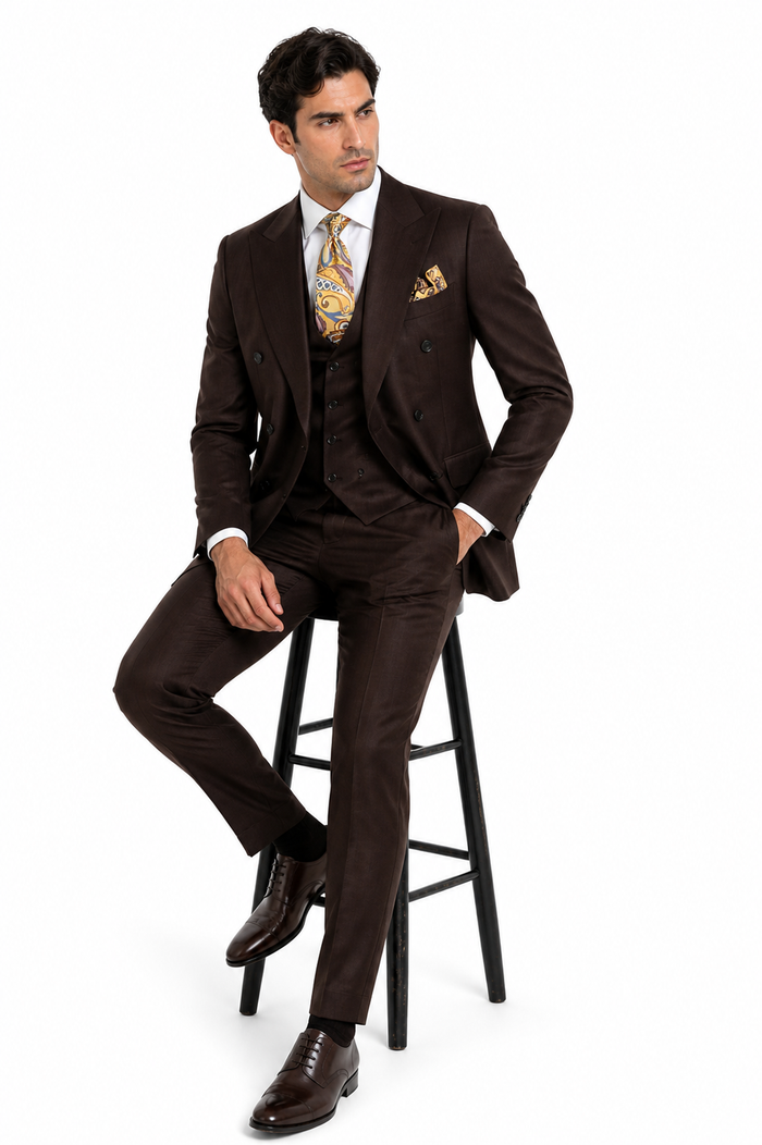 Double Breasted Suits - Vested Suits Wool Fabric - Apolo King Brand - Solid Brown Suit