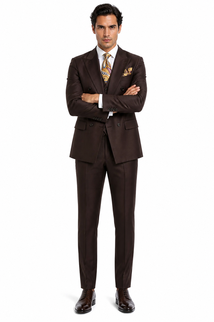 Double Breasted Suits - Vested Suits Wool Fabric - Apolo King Brand - Solid Brown Suit
