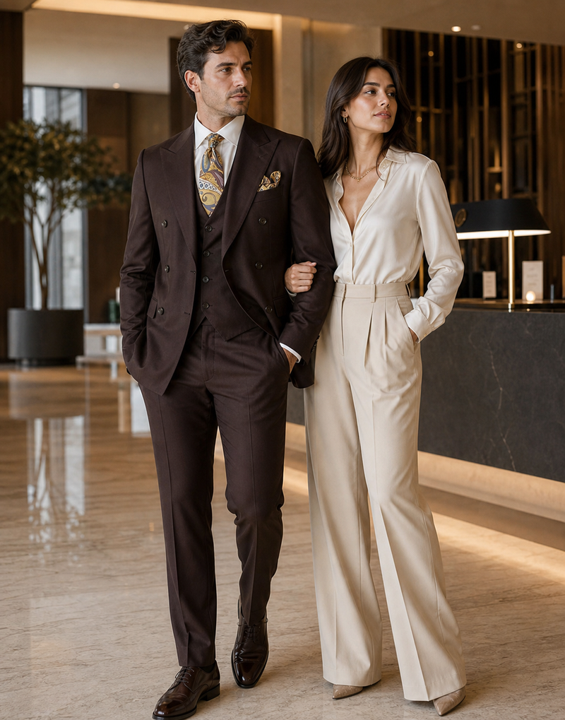 Double Breasted Suits - Vested Suits Wool Fabric - Apolo King Brand - Solid Brown Suit