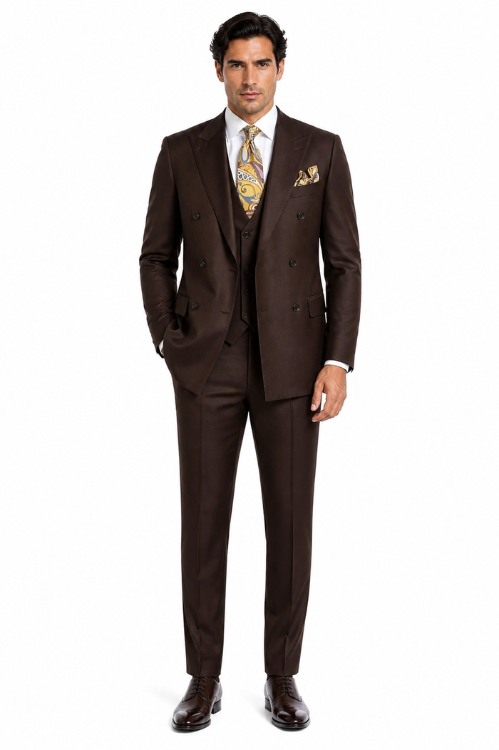 Double Breasted Suits - Vested Suits Wool Fabric - Apolo King Brand - Solid Brown Suit
