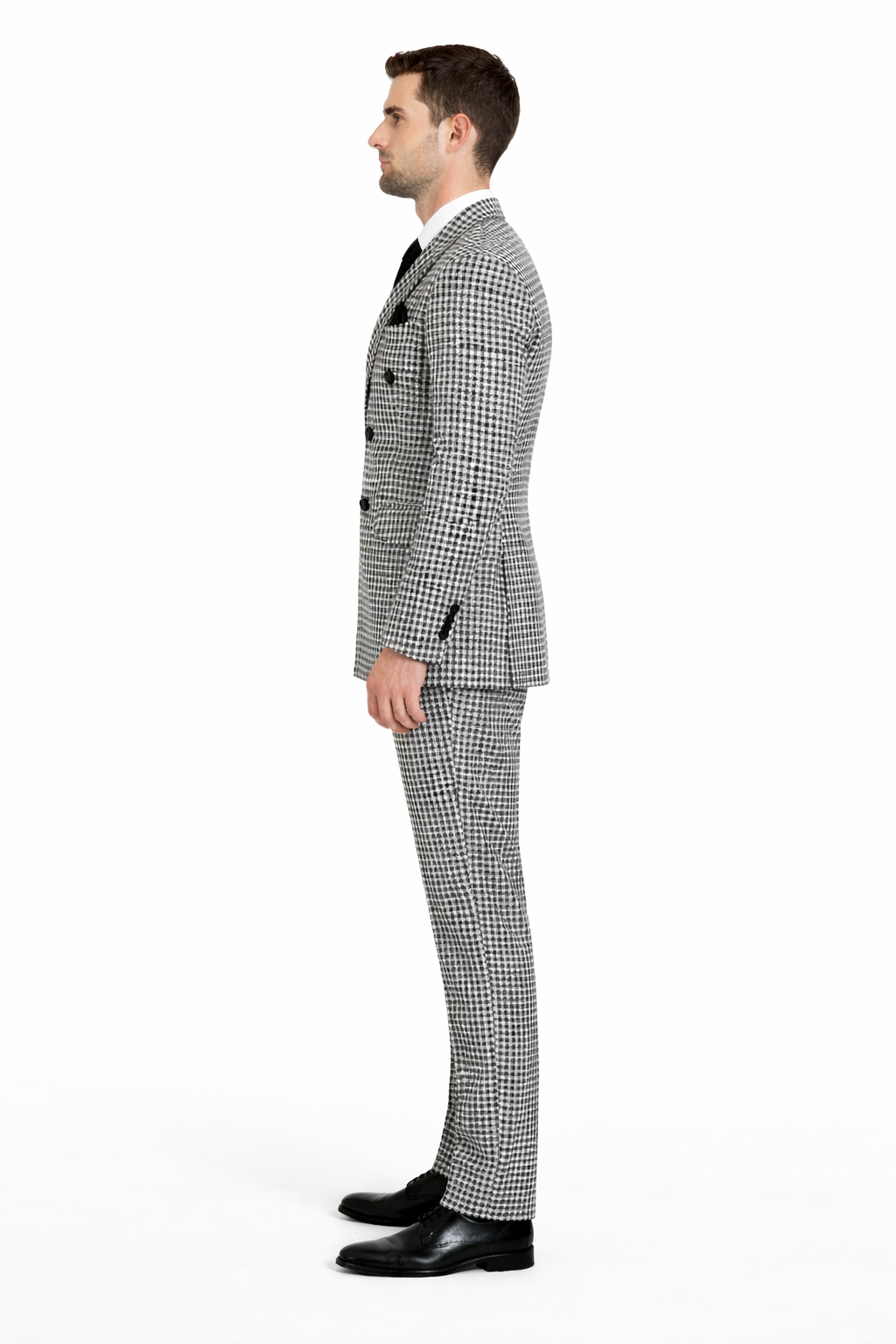 Double Breasted Suits - Vested Suits Wool Fabric  - Black Houndstooth Suit