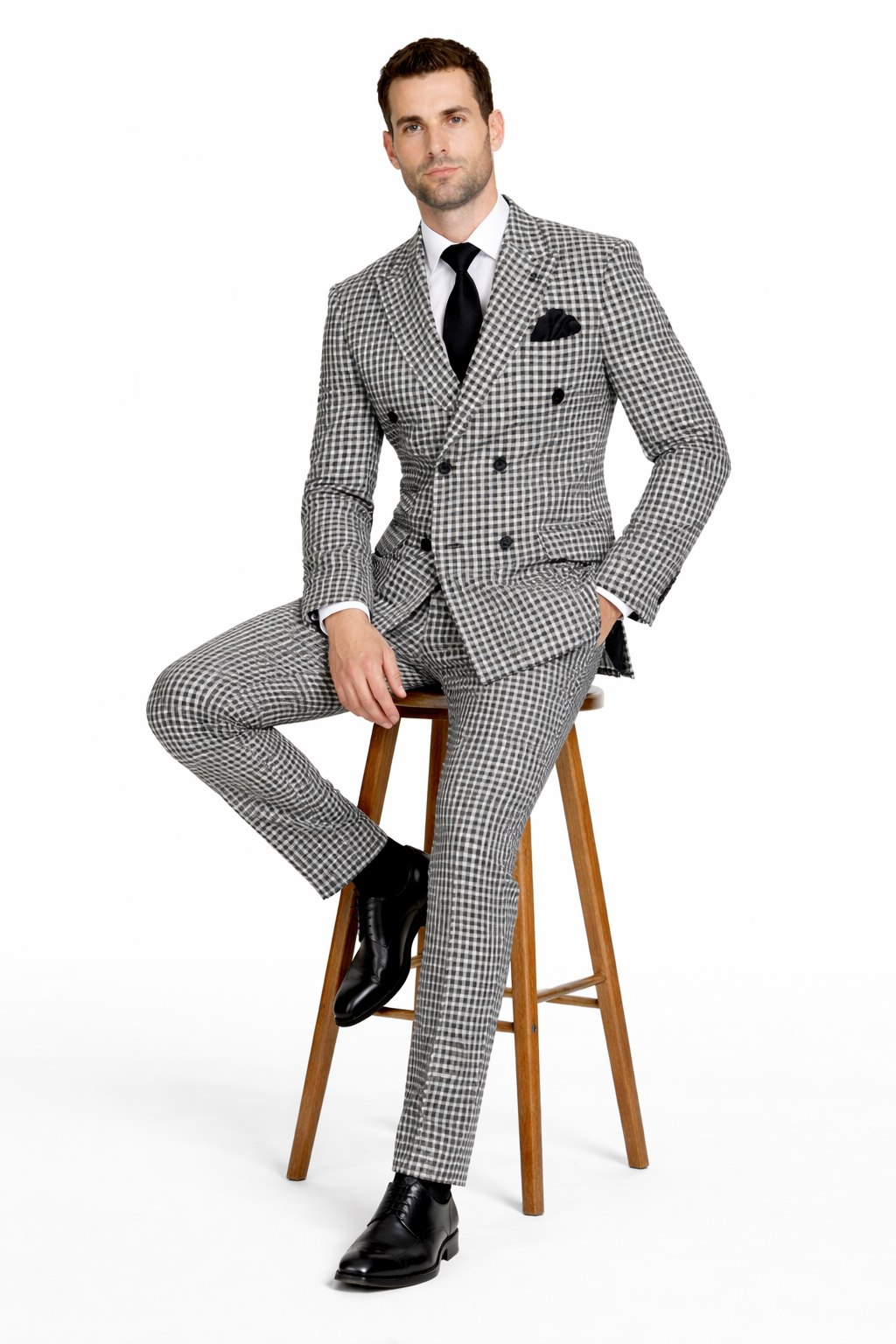 Double Breasted Suits - Vested Suits Wool Fabric  - Black Houndstooth Suit