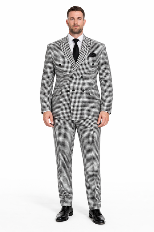 Double Breasted Suits - Vested Suits Wool Fabric  - Black Houndstooth Suit