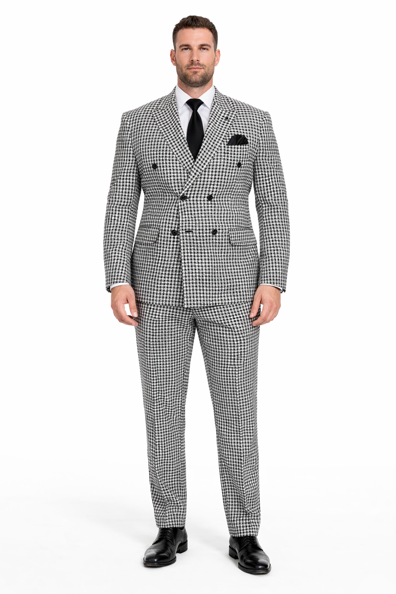 Double Breasted Suits - Vested Suits Wool Fabric  - Black Houndstooth Suit