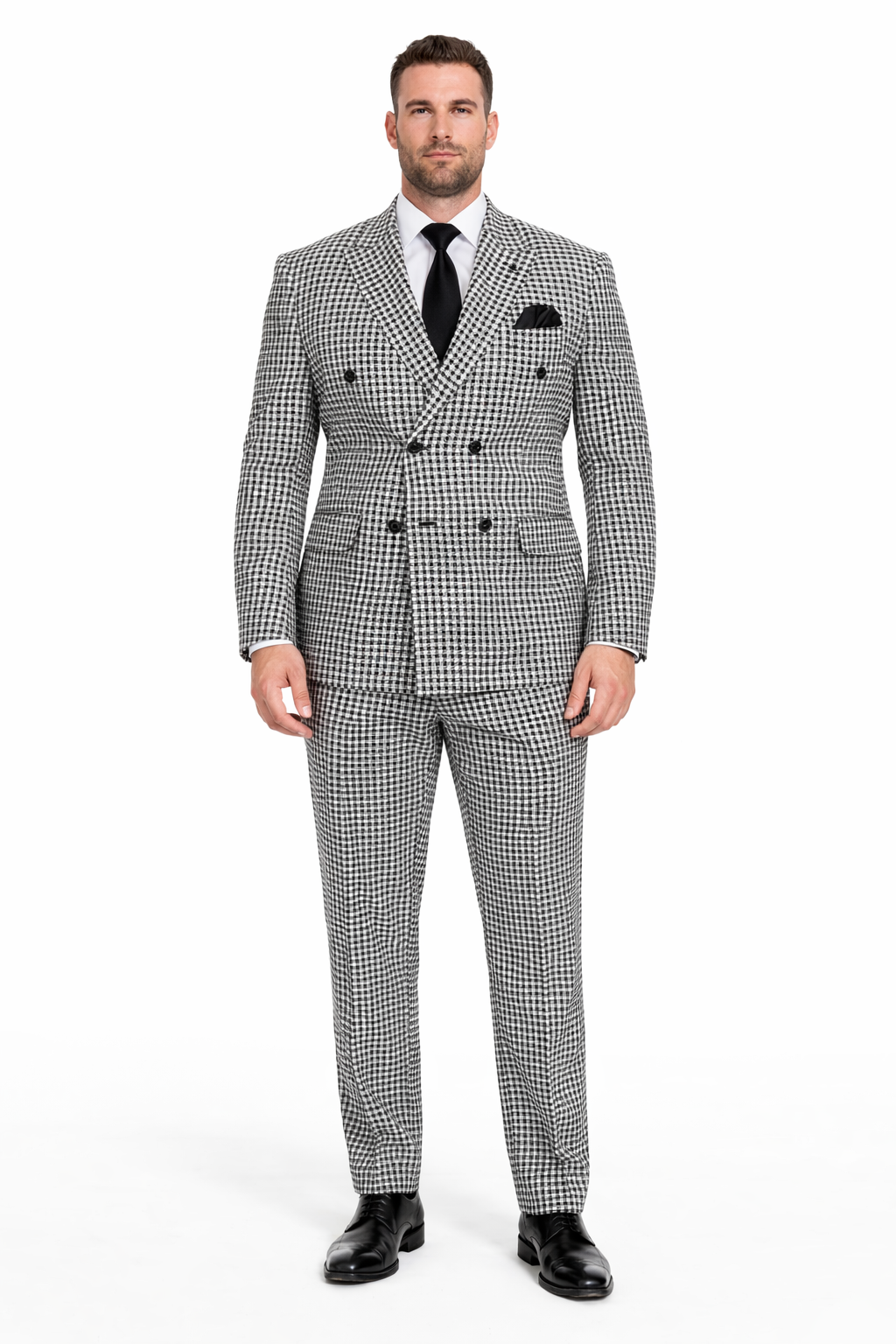 Double Breasted Suits - Vested Suits Wool Fabric  - Black Houndstooth Suit