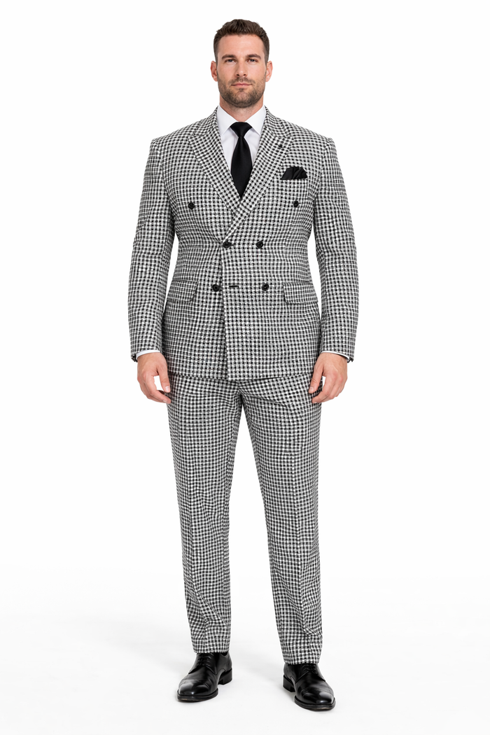 Double Breasted Suits - Vested Suits Wool Fabric  - Black Houndstooth Suit