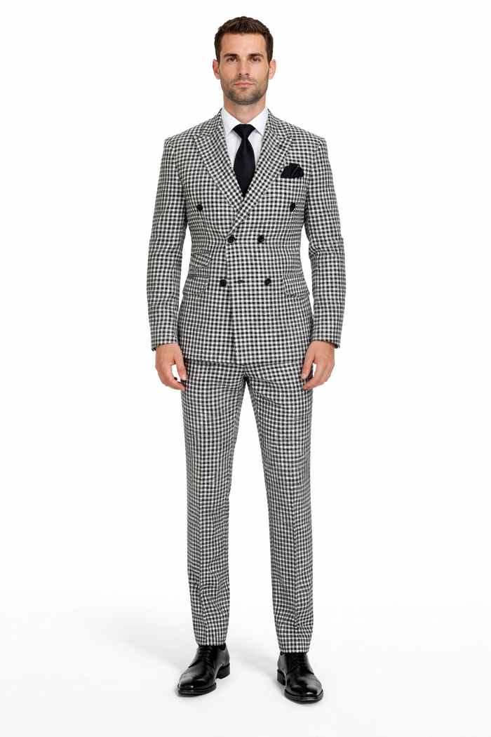 Double Breasted Suits - Vested Suits Wool Fabric  - Black Houndstooth Suit
