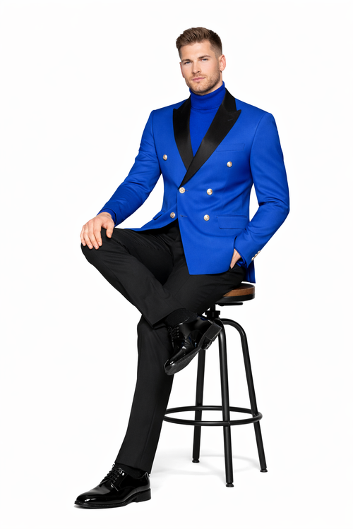 Double Breasted Tuxedo With Gold Buttons Black Lapel perfect for Wedding or Prom Royal Blue