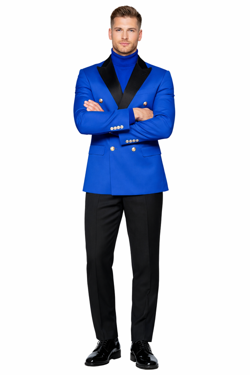 Double Breasted Tuxedo With Gold Buttons Black Lapel perfect for Wedding or Prom Royal Blue