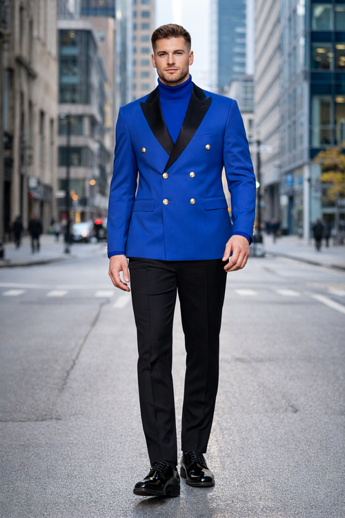 Double Breasted Tuxedo With Gold Buttons Black Lapel perfect for Wedding or Prom Royal Blue