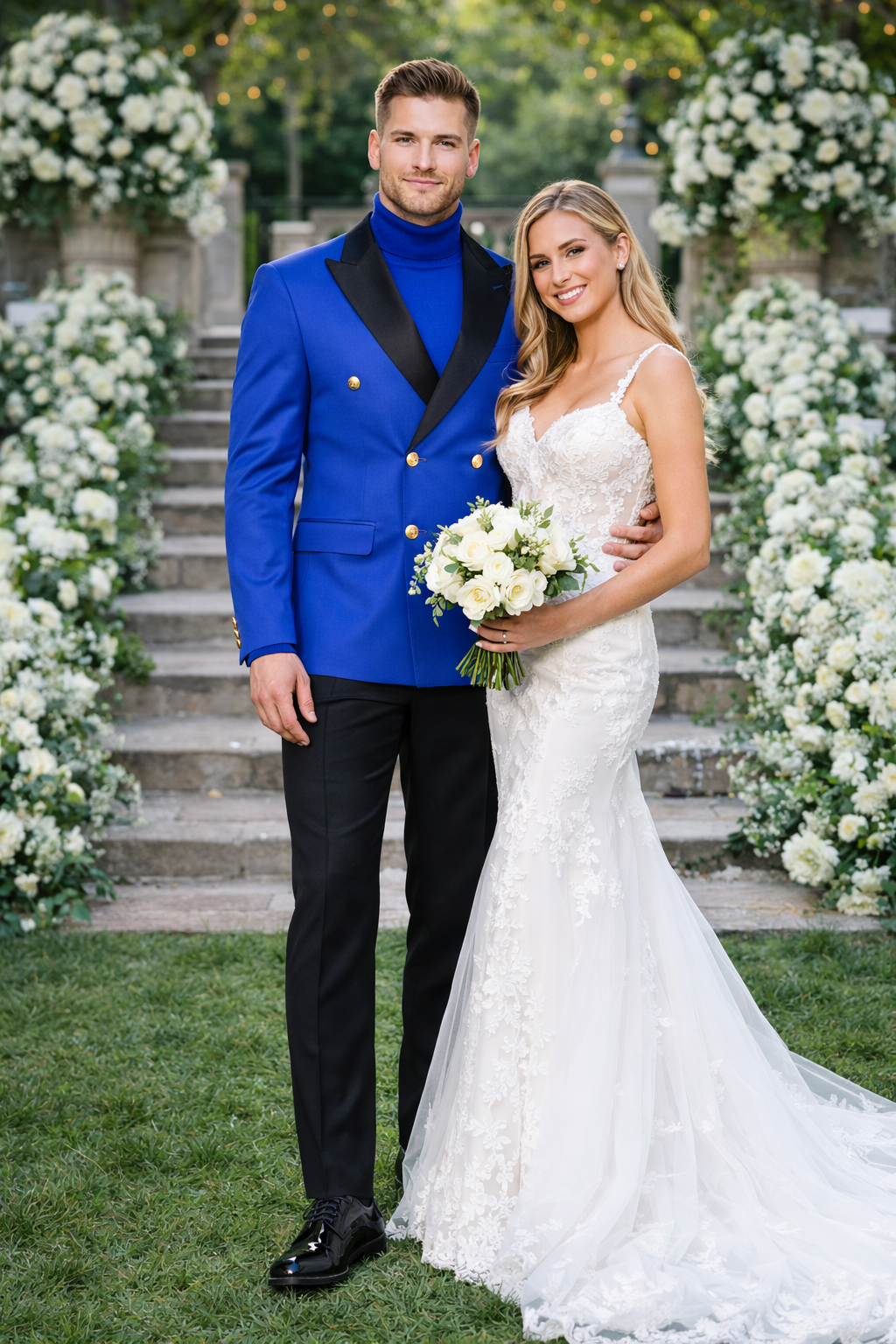 Double Breasted Tuxedo With Gold Buttons Black Lapel perfect for Wedding or Prom Royal Blue