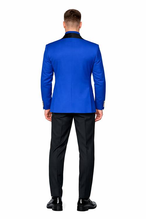 Double Breasted Tuxedo With Gold Buttons Black Lapel perfect for Wedding or Prom Royal Blue