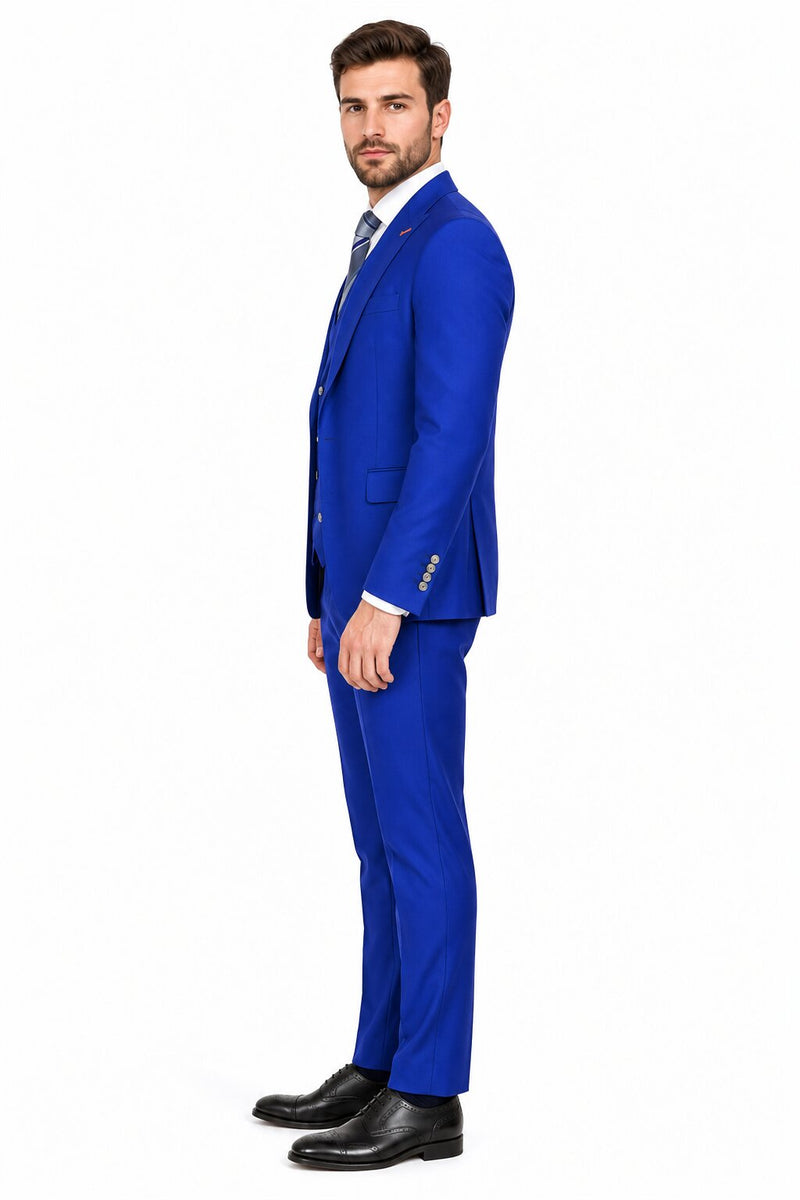 Men's Royal Blue Statement Ticket Pocket Peak Lapel Wool Double Breasted Vest Suit with Silver Buttons – Modern Fit
