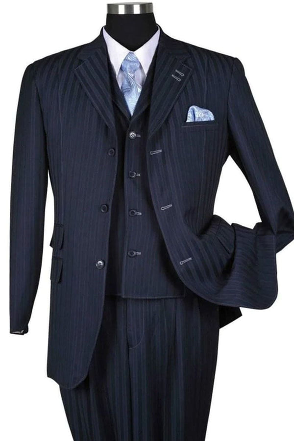 Mens Blue Pinstripe Suit 3 Button Vested Tonal Pinstripe Fashion Suit In Navy Blue