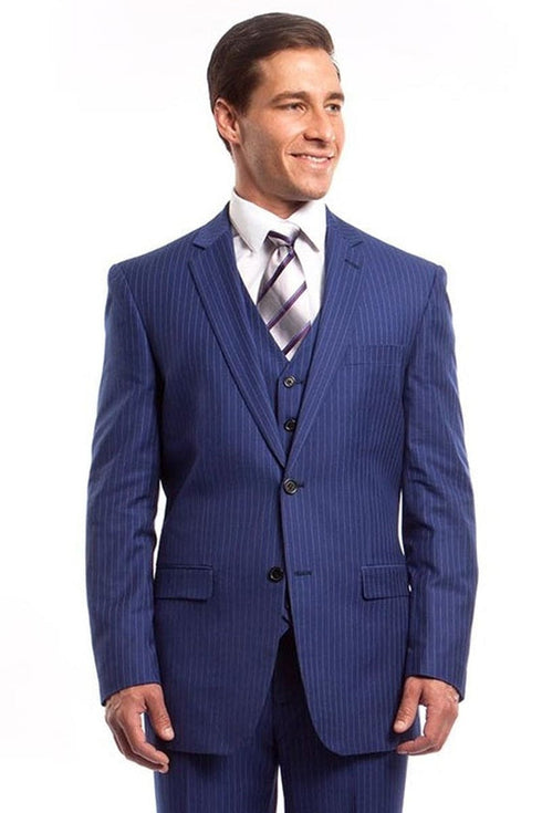 Mens Blue Pinstripe Suit Two Button Vested Business Suit In French Blue Pinstripe