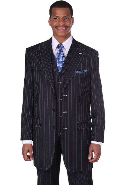 Mens Blue Pinstripe Suit Vintage Vested Gangster Bold Pinstripe Fashion Suit In Navy Blue