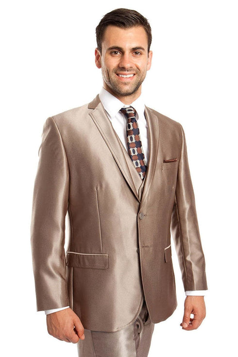 Men's Two Button Vested Shiny Sharkskin Wedding & Prom Fashion Suit In Dark Taupe