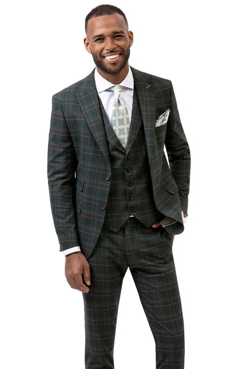 Green Plaid Suits - Mens 3 piece plaid suit - Fashion Suit