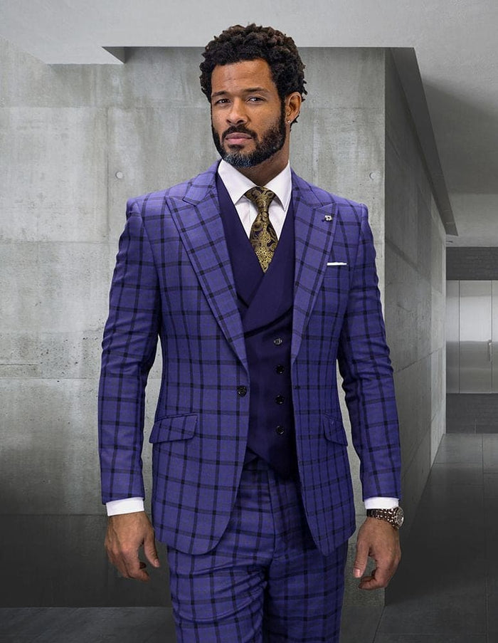 Statement Men's 3 Piece 100% Wool Plaid Suit - Modern Fit