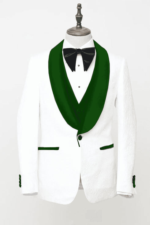 Men's Vested White Paisley Wedding & Prom Tuxedo with Hunter Green Velvet Lapel