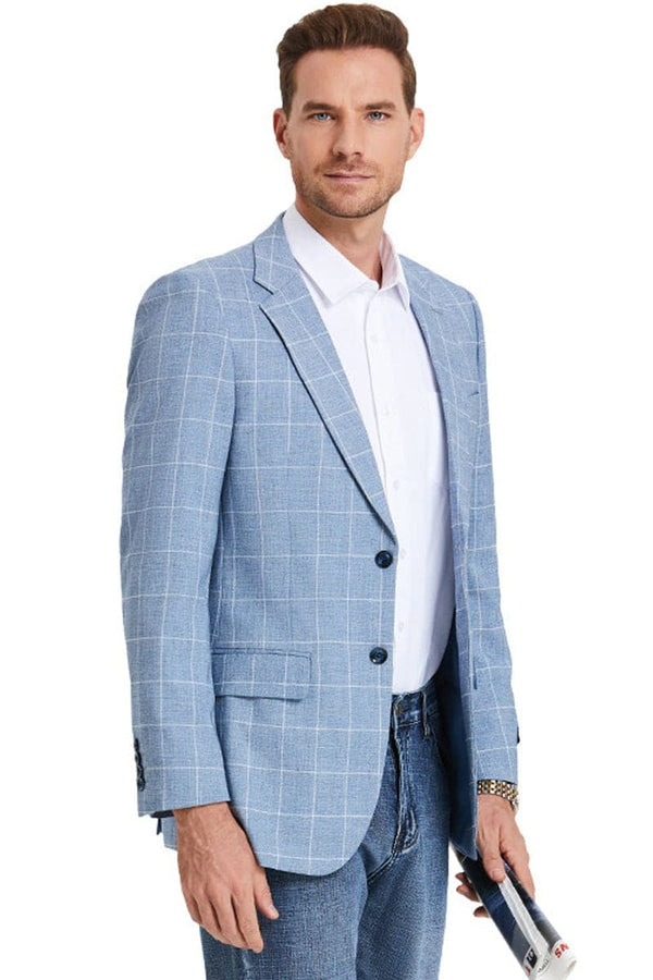 Men's Slim Fit Business Casual Summer Windowpane Plaid Blazer in Light Blue