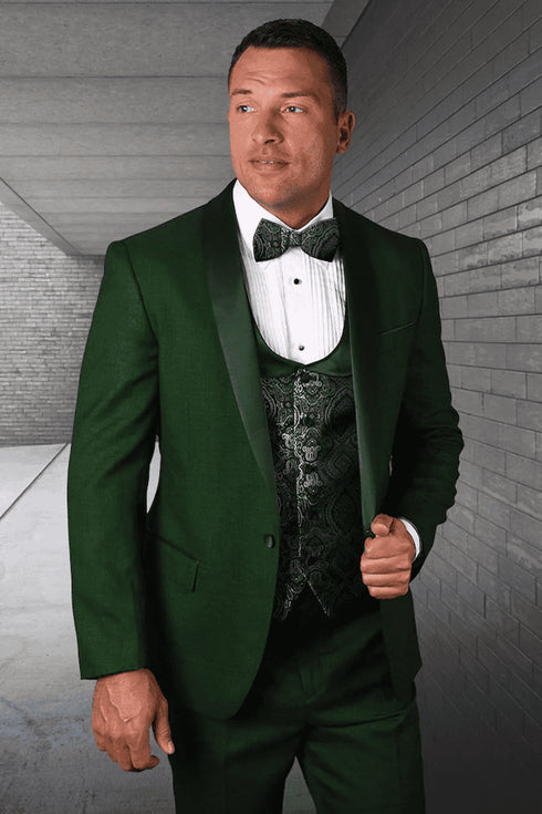 Men's Modern Fit Wedding & Prom Shawl Tuxedo with Matching Paisley Vest Set in Hunter Green