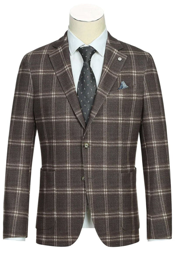 Mens Slim Fit Half Canvas Patch Pocket Summer Cotton Blazer In Brown Windowpane Plaid