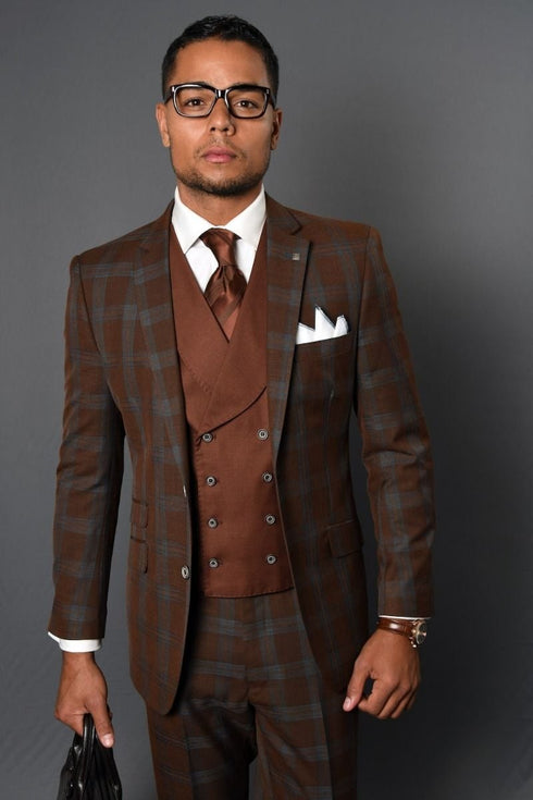 Statement ITALY Suit - Super 150's Wool Suit Statement Men's 3 Piece 100% Wool Fashion Suit - Classic Plaid Pattern