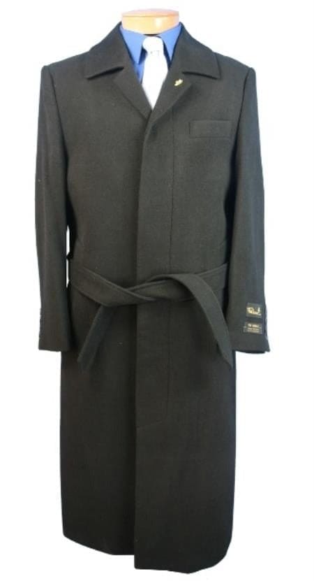 Mens Raglan Overcoat - Belted Coat in Wool Fabric - Belted Full Length Style inVery Dark Grey Almost Black