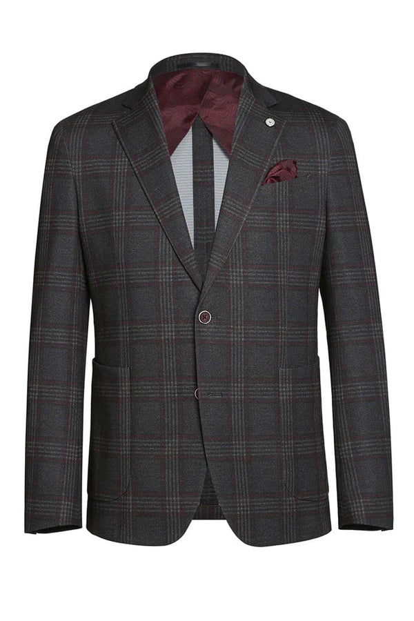 Mens Slim Fit Patch Pocket Vintage Style Sports Coat Blazer in Charcoal Grey Windowpane Plaid