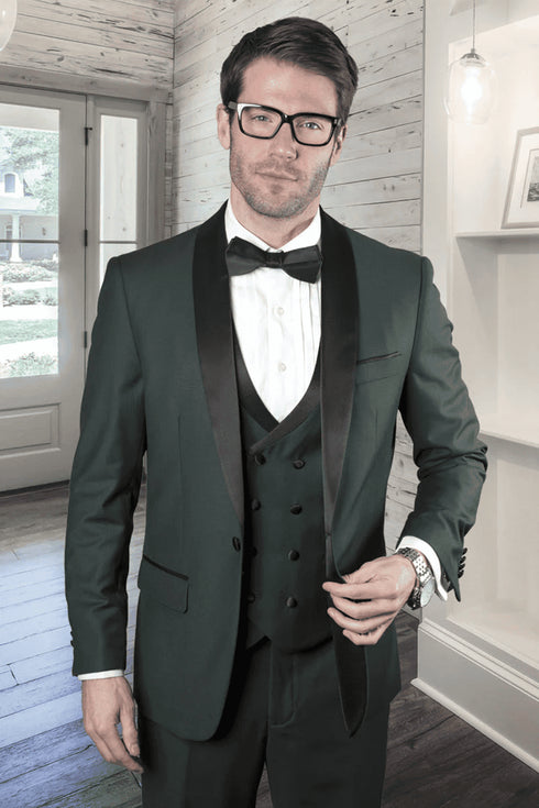 Men's Designer Wool Shawl Tuxedo with Double Breasted Vest in Hunter Green