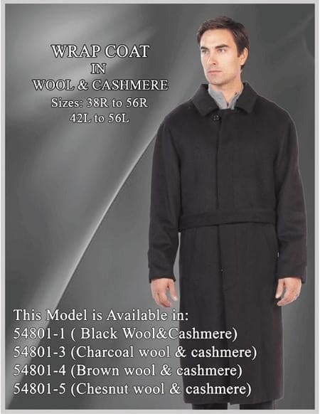 Mens Raglan Overcoat - Belted Coat in Wool Fabric - Belted Full Length Style Black