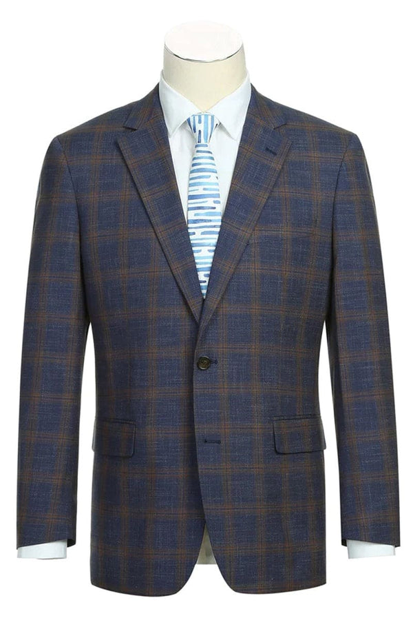 Mens Slim Fit Two Button Sport Coat Blazer in Navy Blue & Gold Windowpane Plaid