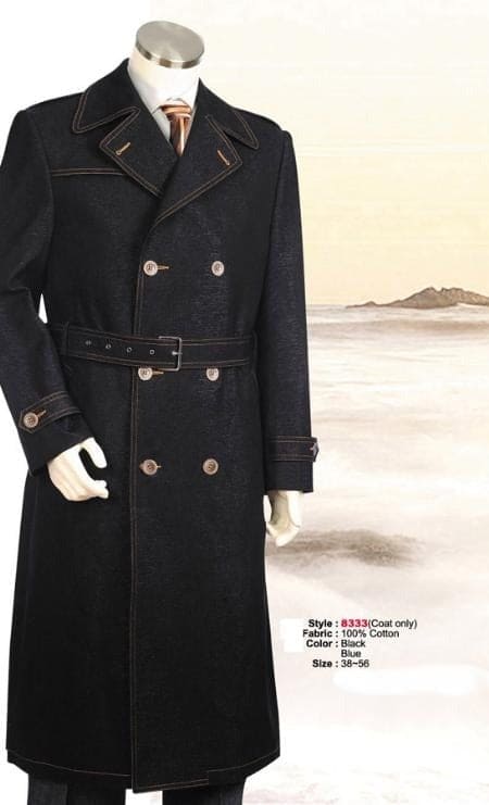 Mens Raglan Overcoat - Belted Coat in Wool Fabric - Belted Full Length Style Black