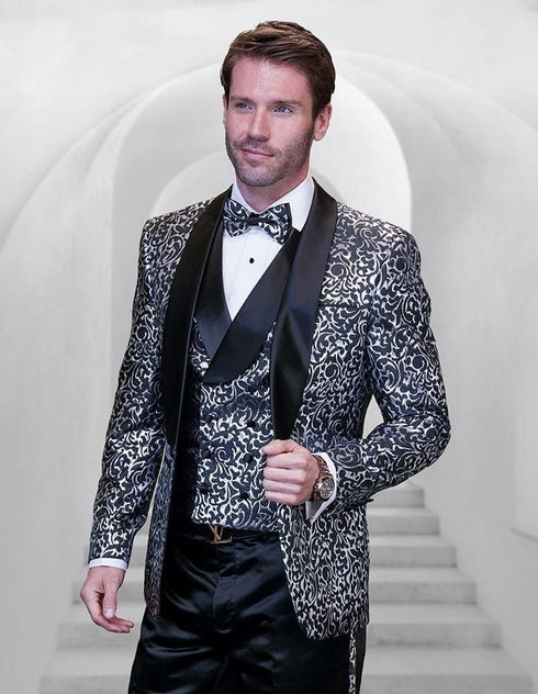 Statement ITALY Suit - Super 150's Wool Suit Statement Men's Outlet 3 Piece Modern Fit Tuxedo - Swirl Pattern