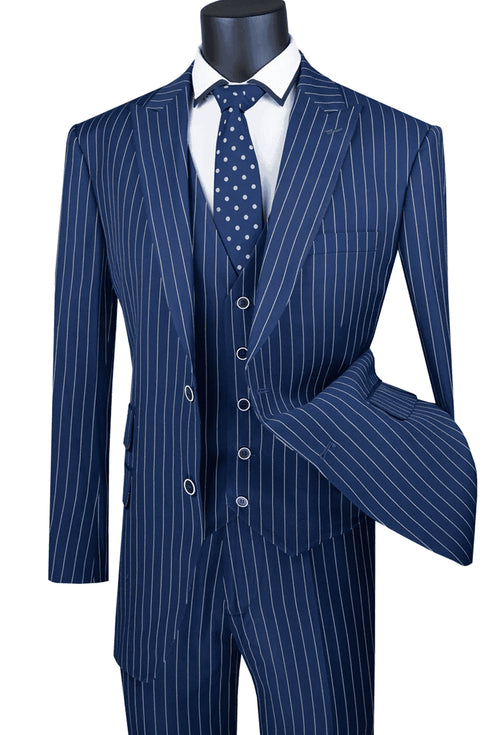 Navy Blue Pinstripe For Mens Vested Bold Gangster Pinstripe Suit in Navy Blue