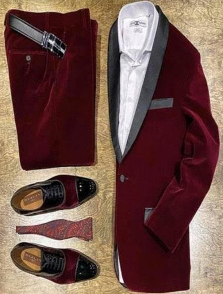 Burgundy Velvet Fabric Suit With Velvet Tuxedos Fabric