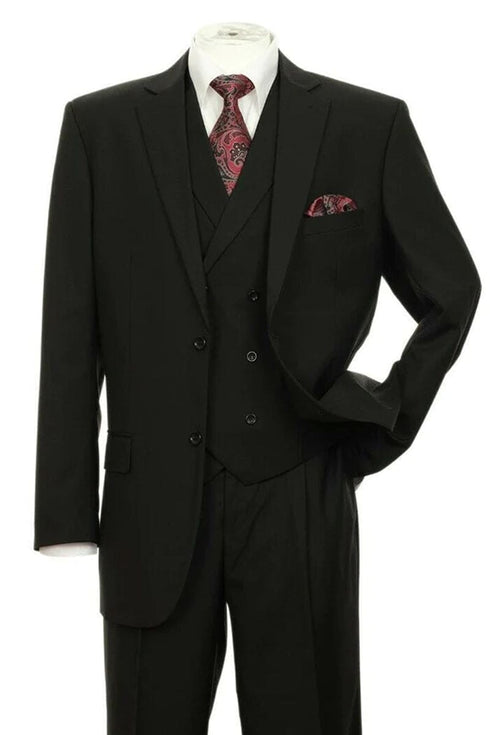 Big and Tall Black Suit MENS 2 BUTTON PLEATED PANT SUIT IN BLACK WITH DOUBLE BREASTED VEST