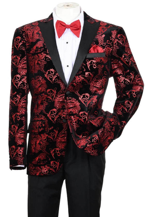 Black and Red Suit Men's Modern Fit Velvet Floral Paisley Foil Tuxedo Jacket in Red & Black