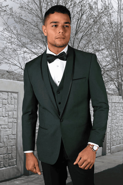 Men's Designer Vested Satin Trim Shawl Wedding & Prom Tuxedo in Hunter Green