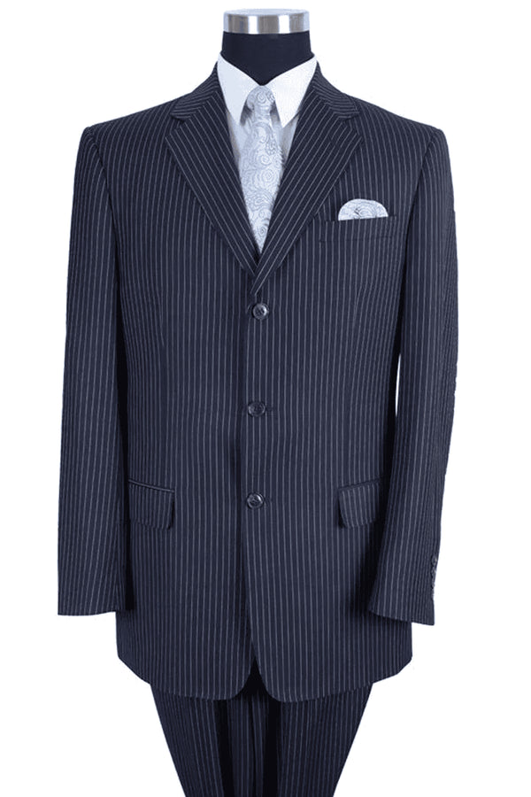 Navy Blue Pinstripe For Mens Classic Fit 3 Button Banker Pinstripe Suit in Navy