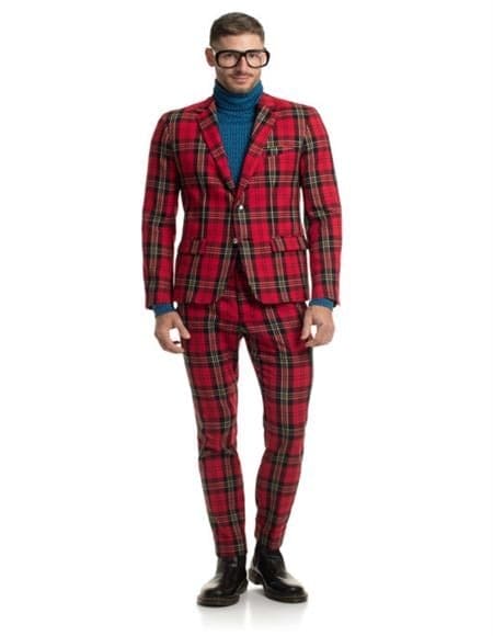 Checkered pattern one chest pocket red tartan suit mens