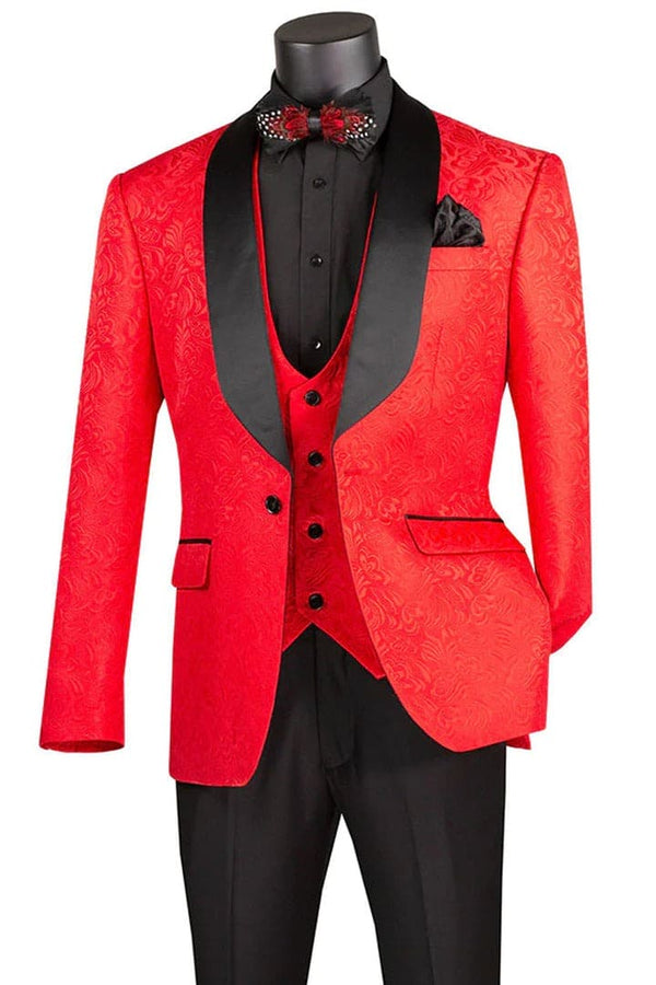 Black and Red Suit Men's Slim Fit Vested Paisley Wedding Tuxedo in Red